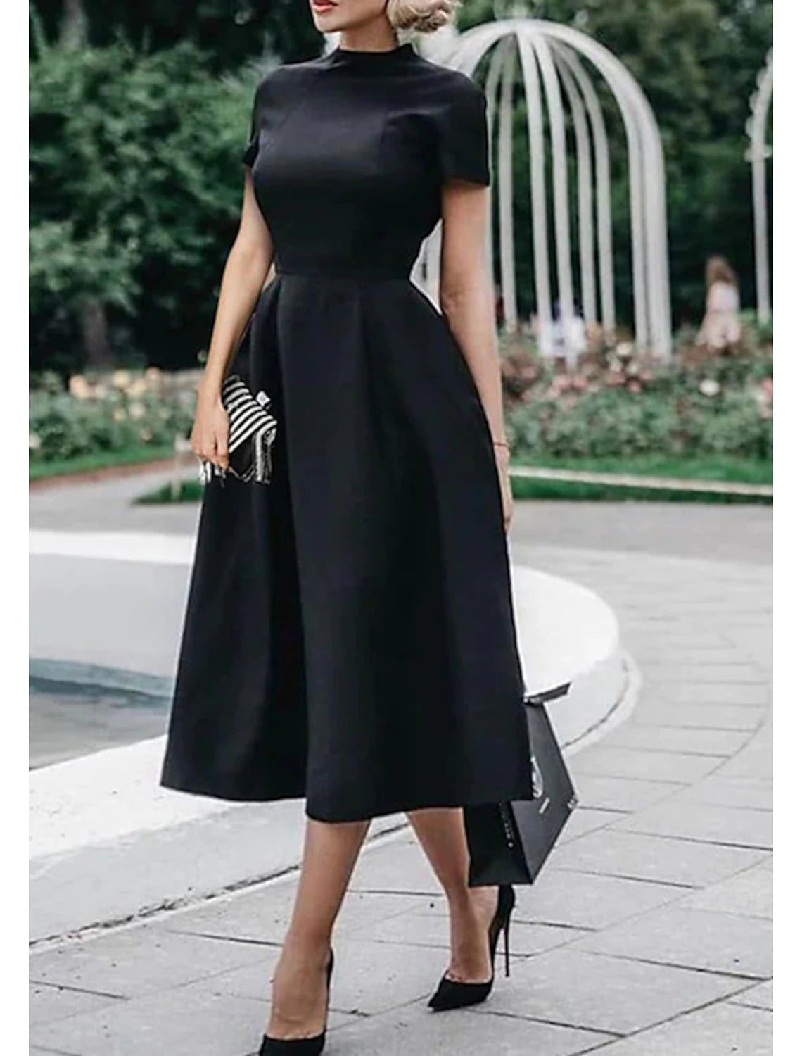 Women's Gathered DressesA-Line Wedding Guest Dresses Minimalist Dress Party Dress Wedding Party Tea Length Short Sleeve High Neck Stretch Satin with Pleats Pure Color