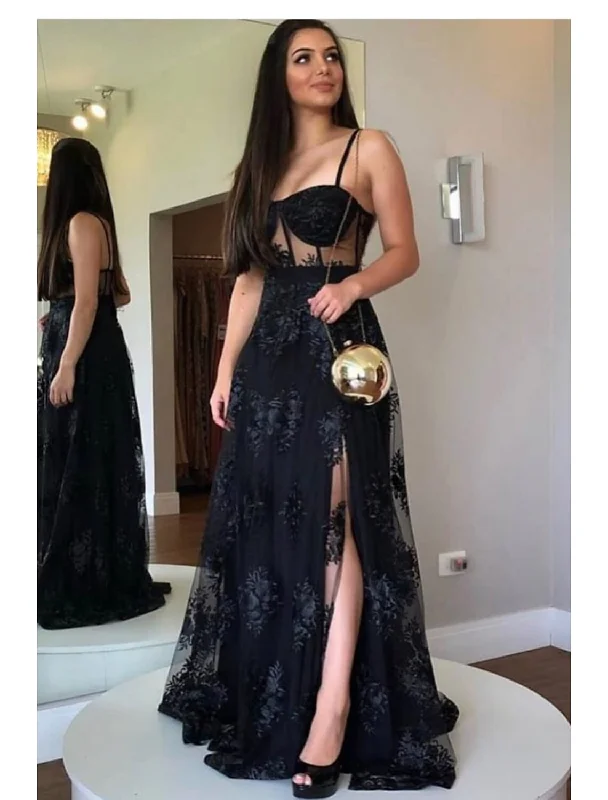 Women's Off-the-Shoulder DressesA-Line Prom Dresses Cut Out Dress Party Wear Wedding Party Floor Length Sleeveless Sweetheart Wednesday Addams Family Lace Backless with Slit Appliques