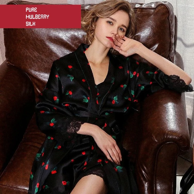 women's pajamas designed for those who believe in sweet dreams and cozy nights.Pure Silk Printed Robe and Nightdress Set