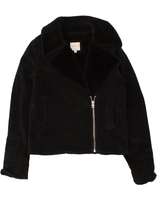 Women's Coats with Fur LiningSELECTED Womens Shearling Jacket EU 40 Medium Black Leather