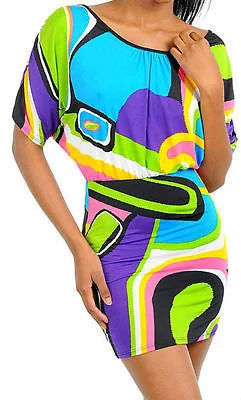 Women's Low Collar DressesDress Mini Colorful Geometric Abstract Dolman Sleeve Backside Keyhole