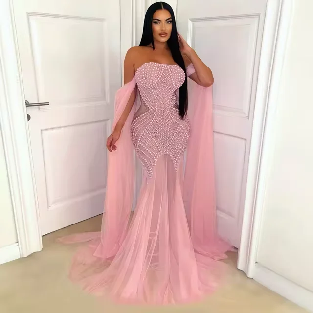 Women's Strapless DressesWomen Pearl Strapless Mesh See Through Long Dresses Backless 2024 Summer Street Maxi Party Evening Mermaid Dress Vestido