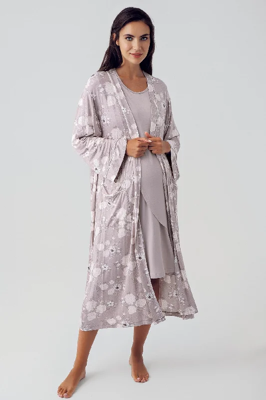 women's pajamas with a charming floral patternShopymommy 15409 Wide Double Breasted Maternity & Nursing Nightgown With Flowery Robe Coffee