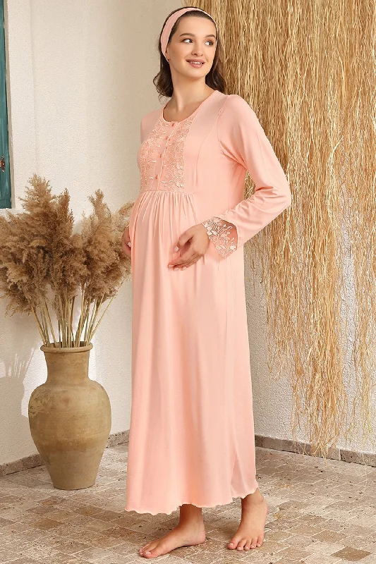 women's pajamas for travelShopymommy 4426 Lace Sleeve Maternity & Nursing Nightgown Salmon