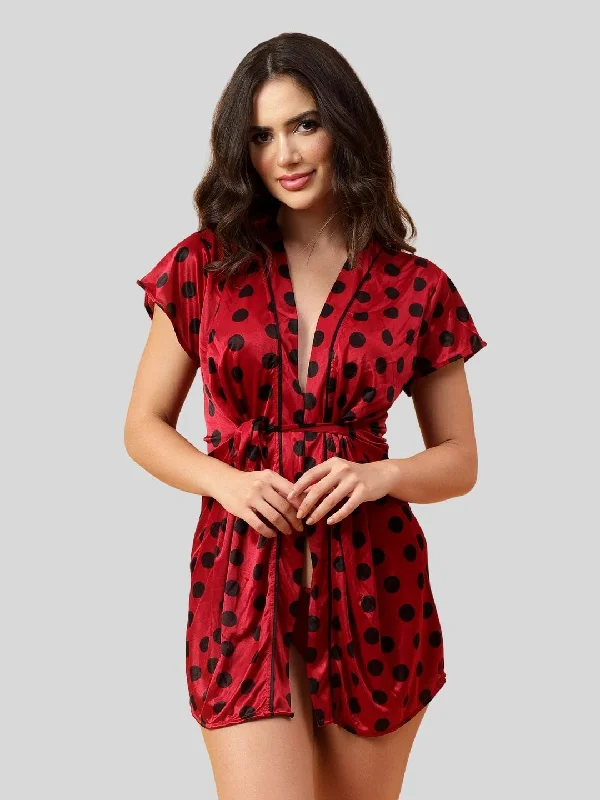 women's pajamas with pockets on the chestVelvi Figure Satin Robe Set with Bikini - Polka Print