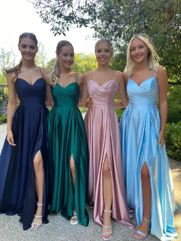 Women's Empire Waist DressesSimple Spaghetti Straps Satin Prom Dresses Side Slit Long Bridesmaid Dresses Formal Occasion gala Women Evening Party Dress