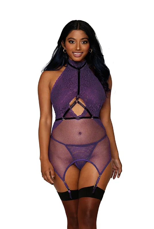 seamless underwire braThree piece fishnet garter slip set