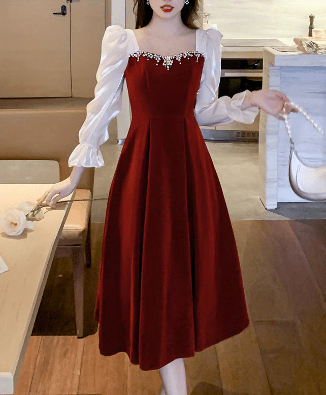 Women's Shawl Collar DressesDecember Wedding Guest Dress Color Block Ruffle Trim Long Sleeves Dress  Bead string Sweet heart Neck Elegant Party Dress