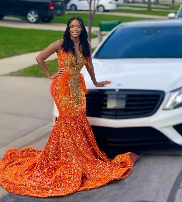 Women's Tiered DressesGolden Diamonds Orange Prom Dress Sparkly Beads Crystal Rhinestones Feathers Sequins Birthay Party Gown Robe De Bal