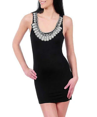 Women's Bodycon DressesDress Mini Beaded Jeweled Scoop Neckline Black Stretch Bodycon Sexy