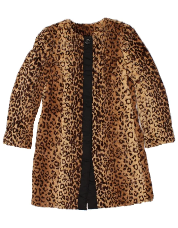 Women's Hooded CoatsVINTAGE Womens Faux Fur Overcoat UK 8 Small Brown Animal Print Polyester