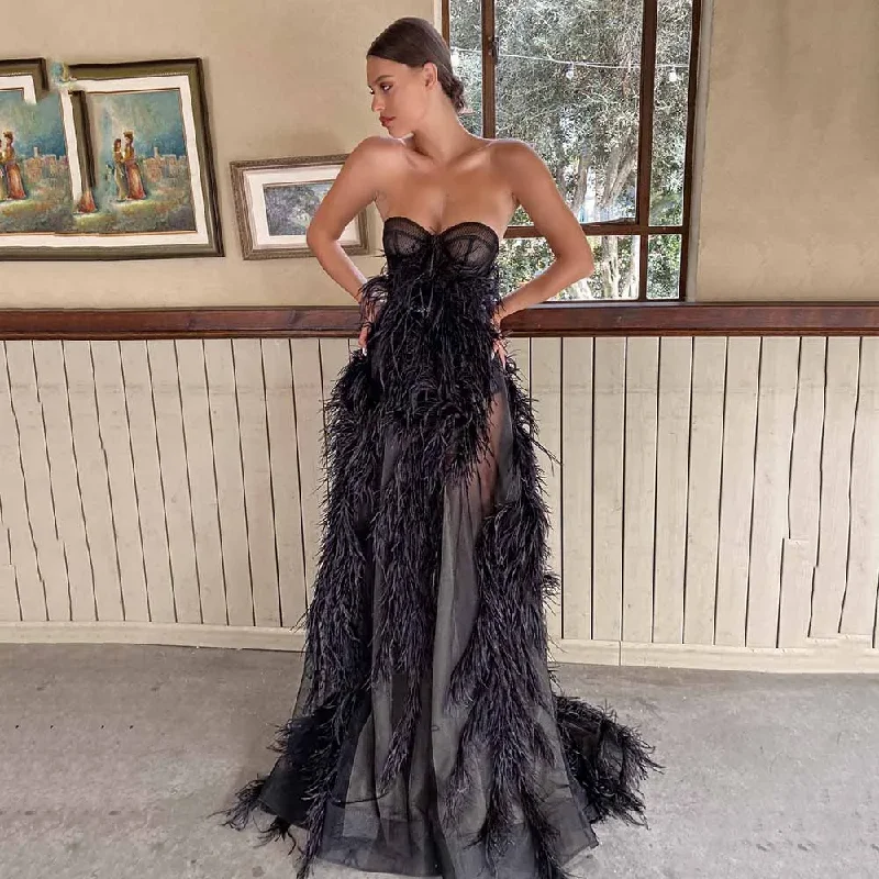 Women's Off-Shoulder DressesSexy Strapless Prom Dress Sleeves Feather Sweep Train Gown For Women Zipper Tulle Dress Formal Wedding Party