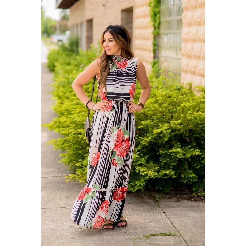 Women's Jumpsuits with Low CollarFloral Striped Ruffle Trim Tank Maxi