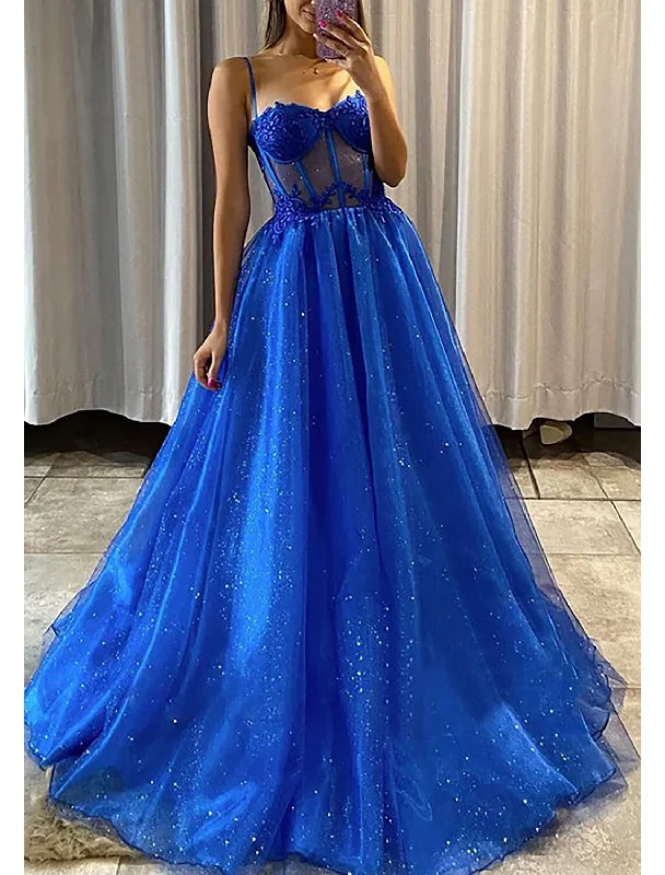 Women's Asymmetrical DressesA-Line Prom Dresses Glittering Dress Formal Wedding Party Floor Length Sleeveless Spaghetti Strap Tulle Backless with Pleats Appliques