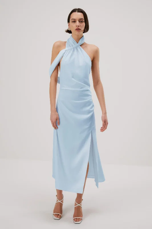 Women's V-Shaped Collar DressesMisha Della Satin Midi Dress - Sky Blue