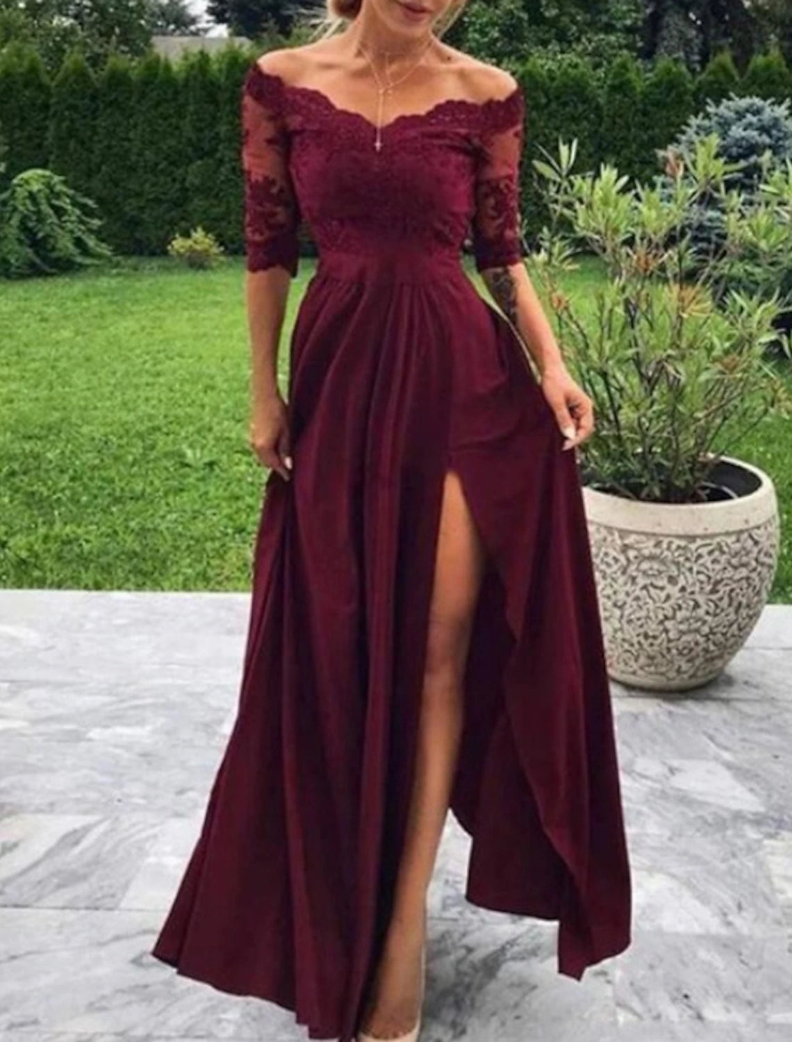 Women's Short-Sleeve DressesA-Line Evening Gown Minimalist Dress Wedding Guest Formal Evening Floor Length Half Sleeve Off Shoulder Satin with Pleats Slit Appliques