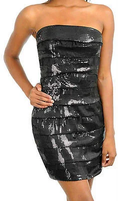 Women's Ruffled DressesDress Cocktail Sequin Black Ruffle Tulle Sparkling Strapless Mini Formal