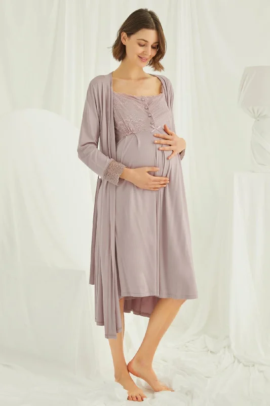 women's pajamas for all-night comfortShopymommy 18438 Lace Maternity & Nursing Nightgown With Robe Set Coffee