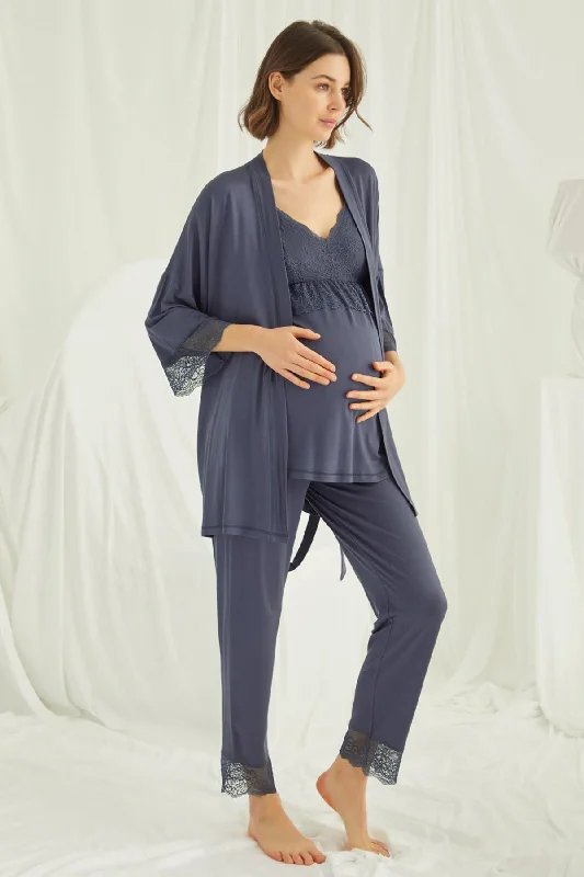 women's pajamas for a night of deep sleepShopymommy 18432 Lace Strappy 3-Pieces Maternity & Nursing Pajamas With Robe Navy Blue