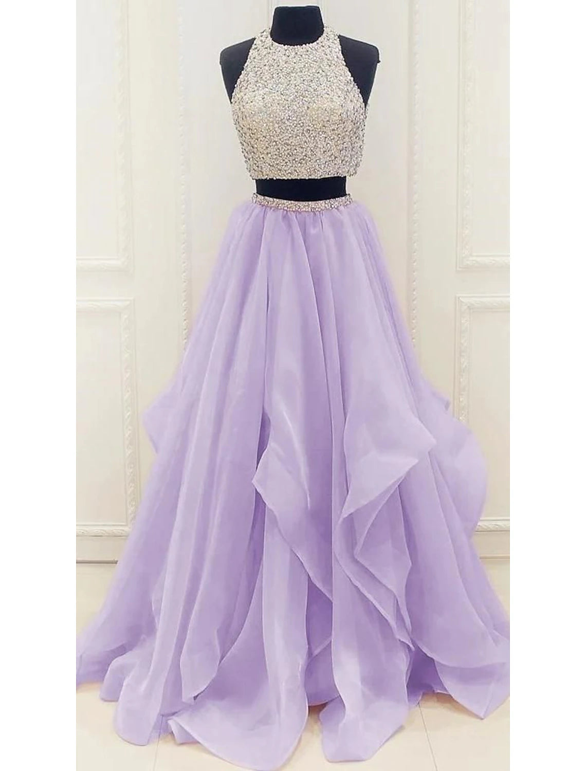 Women's Low Collar DressesTwo Piece Ball Gown Prom Dresses Sparkle & Shine Dress Party Wear Prom Floor Length Sleeveless Halter Neck Organza with Sequin