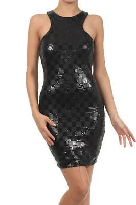 Women's Cold-Shoulder DressesDress Sequin Cocktail Checkered Sexy Black Stretch Mini Bodycon Party