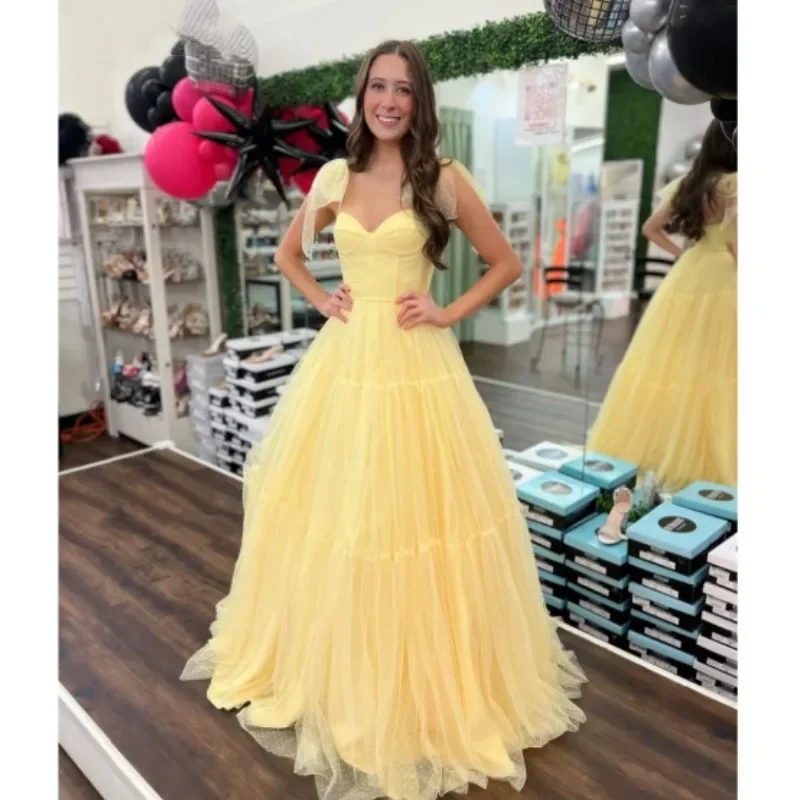 Women's Keyhole-Neck DressesVintage Yellow Prom Dress Sweet Tulle Formal Occasion Gowns A-shaped Evening Vestidos Princess Graduation Party Vestidos