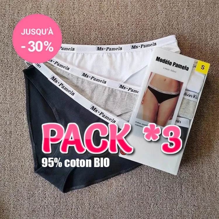 eco-friendly underwear made from organic cotton and bamboo fiber for sensitive skin and a sustainable choicePack de 3 Culottes en Coton BIO - Modèle Pamela