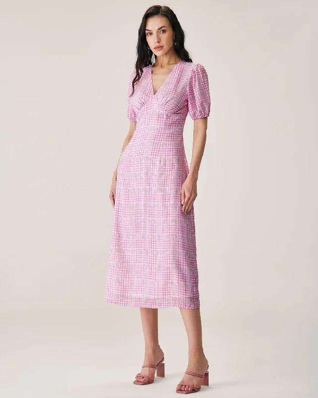 Women's Beach ShortsPink Plaid V-Neck Midi Dress