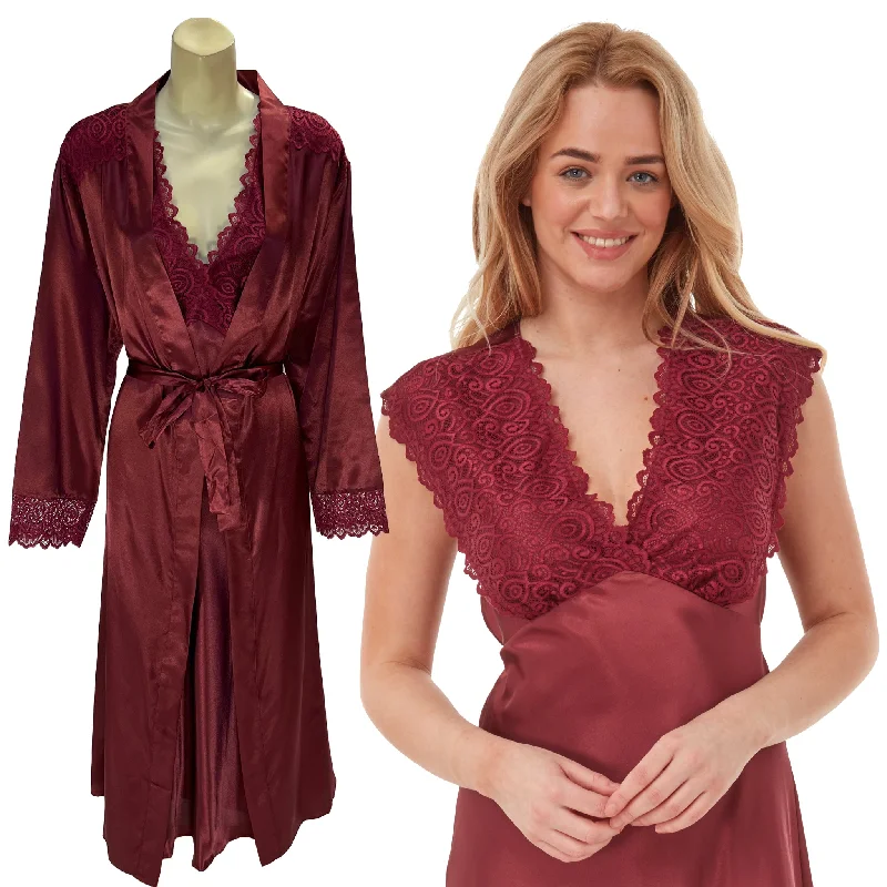 women's pajamas for all-season comfortMatching Burgundy Red Sexy Satin Long Nightdress & Wrap Set Negligee Lingerie