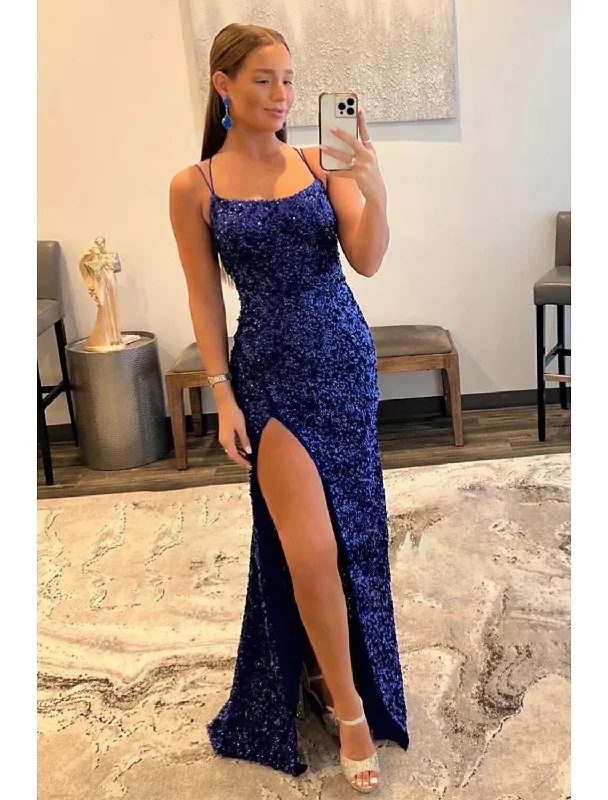 Women's Peter Pan Collar DressesMermaid / Trumpet Prom Dresses Hot Dress Formal Wedding Party Sweep / Brush Train Sleeveless Spaghetti Strap Sequined Backless with Sequin Slit