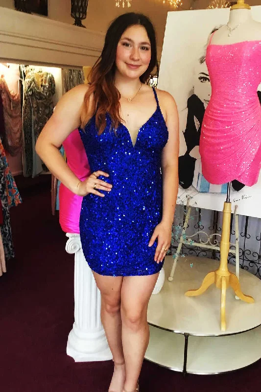 Women's Wide Collar DressesRoyal Blue Sequin V-Neck Cutout Back Bodycon Short Dress  gh1256