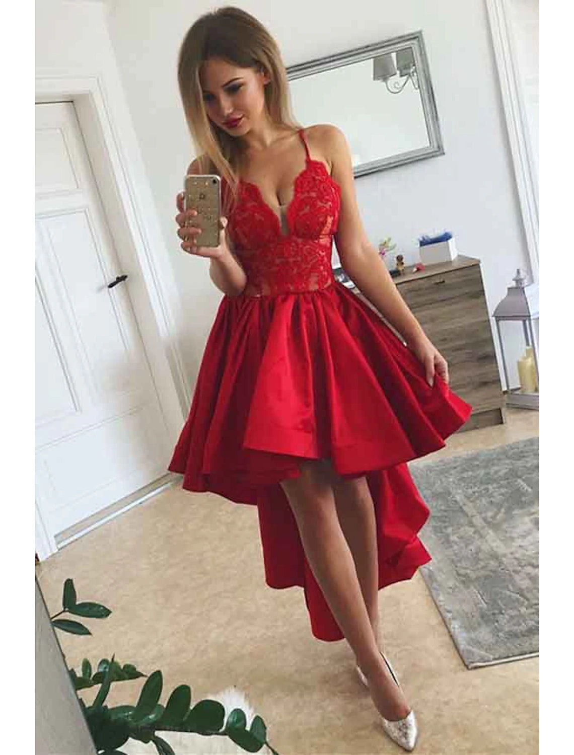 Women's Rounded Collar DressesA-Line Prom Dresses Party Dress Homecoming Birthday Asymmetrical Sleeveless V Neck Satin with Pleats