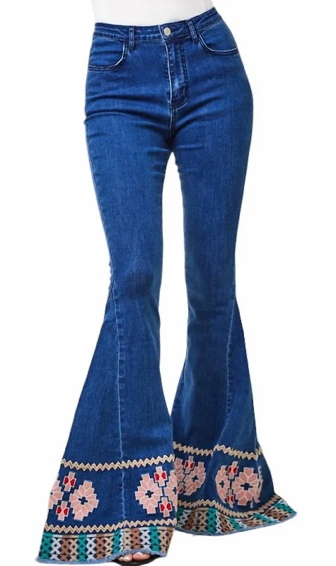 Women's Jodhpurs with Boat NeckEmbroidered Denim Bell Bottom In Blue