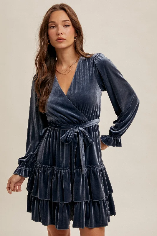 Women's Shirt Collar DressesSlate Velvet Surplice Holiday Tiered Ruffled Long Sleeve Mini Cocktail Dress