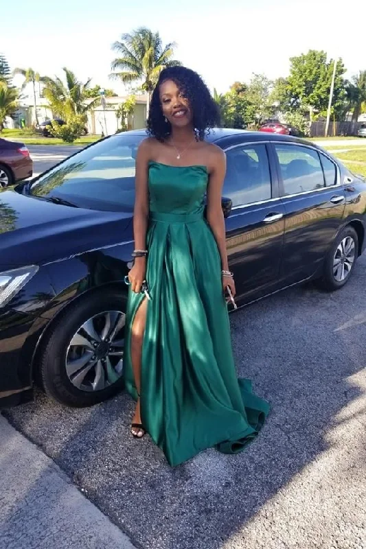 Women's Gathered DressesHunter Green Satin Prom Dresses,Strapless Maxi Long Dress with Side Slit         S3748