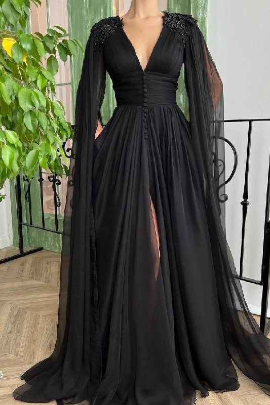 Women's Round-Neck DressesElegant Black Deep V Neck Tulle Maxi Cocktail Evening Party Dress Front Slit Ruffle Sleeves     S4956