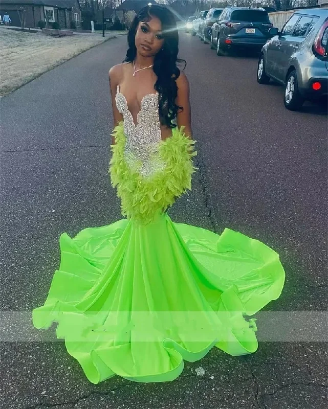 Women's Fit and Flare DressesSparkly Lime Green Prom Dress For Black Girls Sheer Mesh Glitter Bead Crystal Rhinestone Feathers Wedding Gown Birthday Party