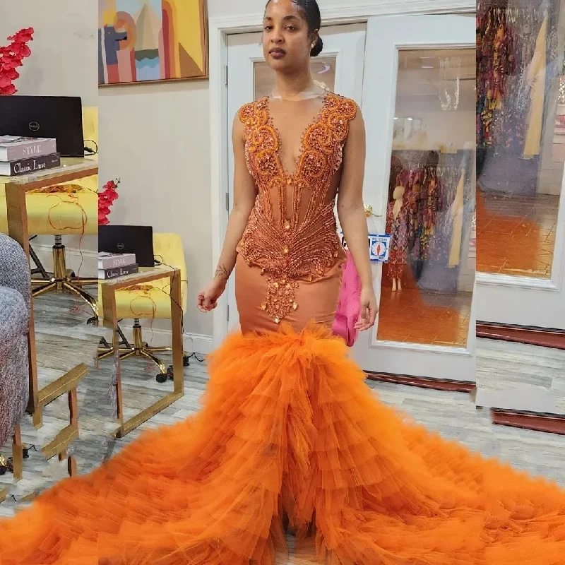 Women's Short-Sleeve DressesHigh Slit Orange Long Prom Dress for Black Girls Beaded Rhinestones Ruffles Women Party Gala Gown