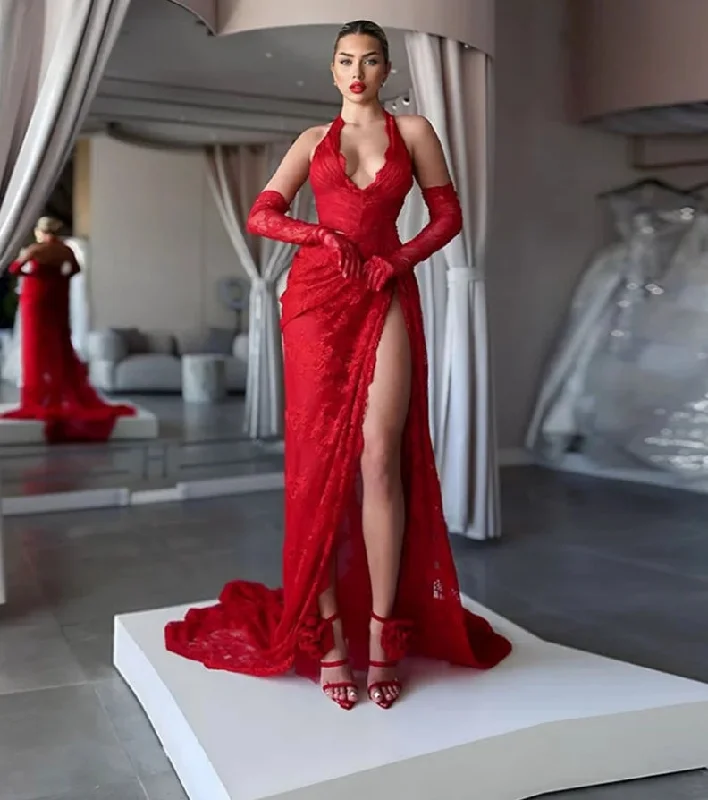 Women's Notched Collar DressesGorgeous Red Mermaid Evening Gowns 2024 Women's Halter Party Prom Dress High Split Lace Saudi Arabia Special Occasion Gowns