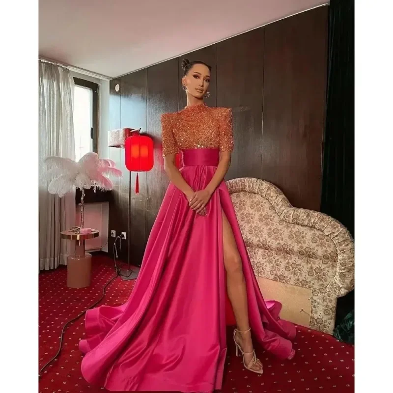 Women's Boat-Neck DressesSatin Sequins Glitter Prom Dress with Slit High-Neck Ball Dress A Line Formal Evening Party Gown for Women Robe De Soirée