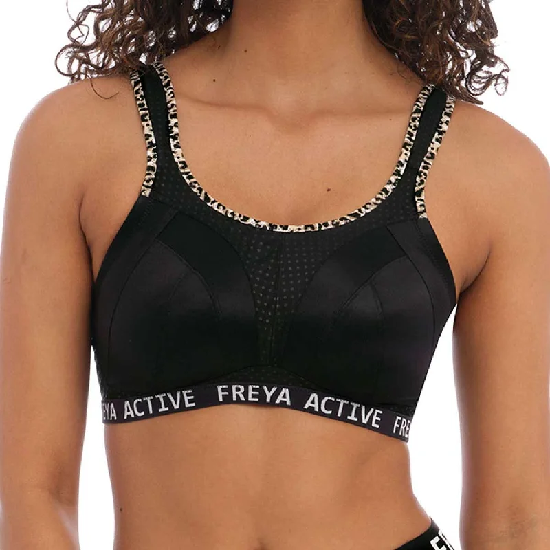 padded plunge sports braFreya Dynamic Wire-Free Soft Cup Sports Bra - Pure Leopard Black