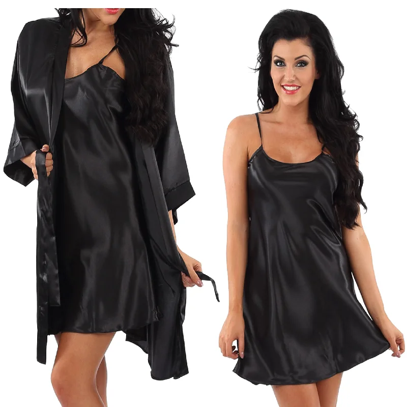 women's pajamas with a modern twistMatching Plain Black Sexy Satin Chemise and Wrap Set Negligee Lingerie