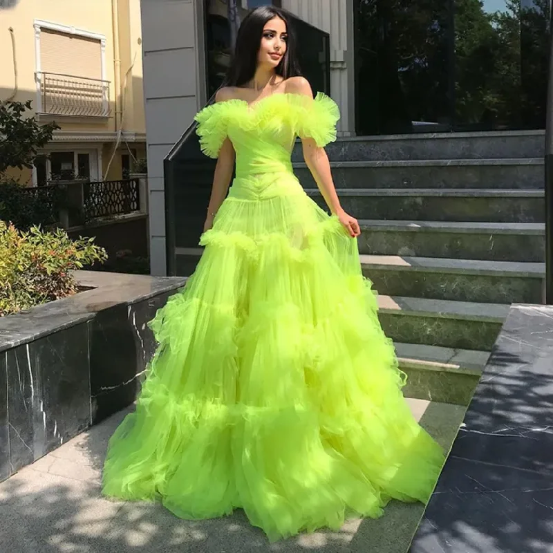 Women's Lapel Collar DressesGreen Off The Shoulder Ruffled Puffy Princess Prom Dress See Through Long Tulle Evening Party Dresses Robe Soirée Femme Mariage