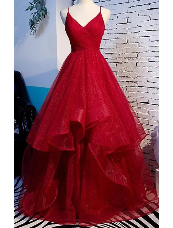 Women's Rounded Collar DressesA-Line Prom Dresses Sparkle & Shine Dress Party Wear Wedding Guest Floor Length Sleeveless Spaghetti Strap Tulle with Ruffles