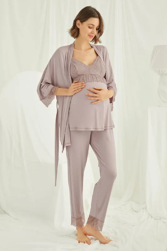 women's pajamas for those who seek cozy, all-night comfortShopymommy 18431 Lace Strappy 3-Pieces Maternity & Nursing Pajamas With Robe Coffee