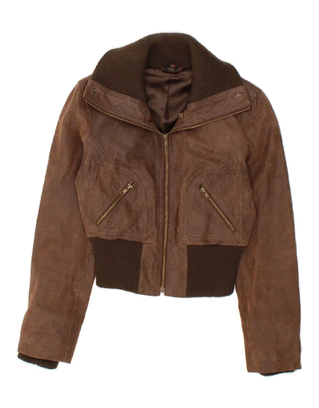 Women's Coats with Fur Trimmed ButtonsBAY Womens Crop Suede Jacket UK 12 Medium Brown Leather