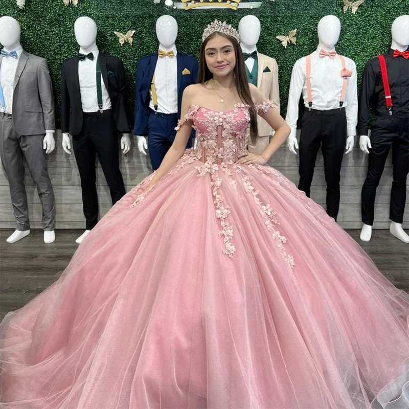 Women's Notched Collar DressesPink Floral Quinceanera Dresses Off Shoulder 3D Flower Lace Appliques Birthday Party Ball Gown Vestidos De 15 Anos