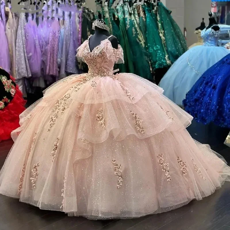 Women's V-Shaped-Neck DressesPrincess Pink Off Thoulder Ball Gown Quinceanera Dress Beaded Birthday Party Gowns Applique Sweet 16 Tiered Vestidos De 15 Años