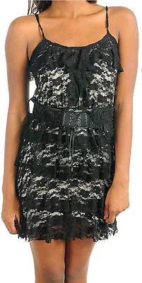 Women's Collarless DressesDress Small Sexy Cocktail Tiered Ruffle Lace Overlay Mini Faux Leather Belt