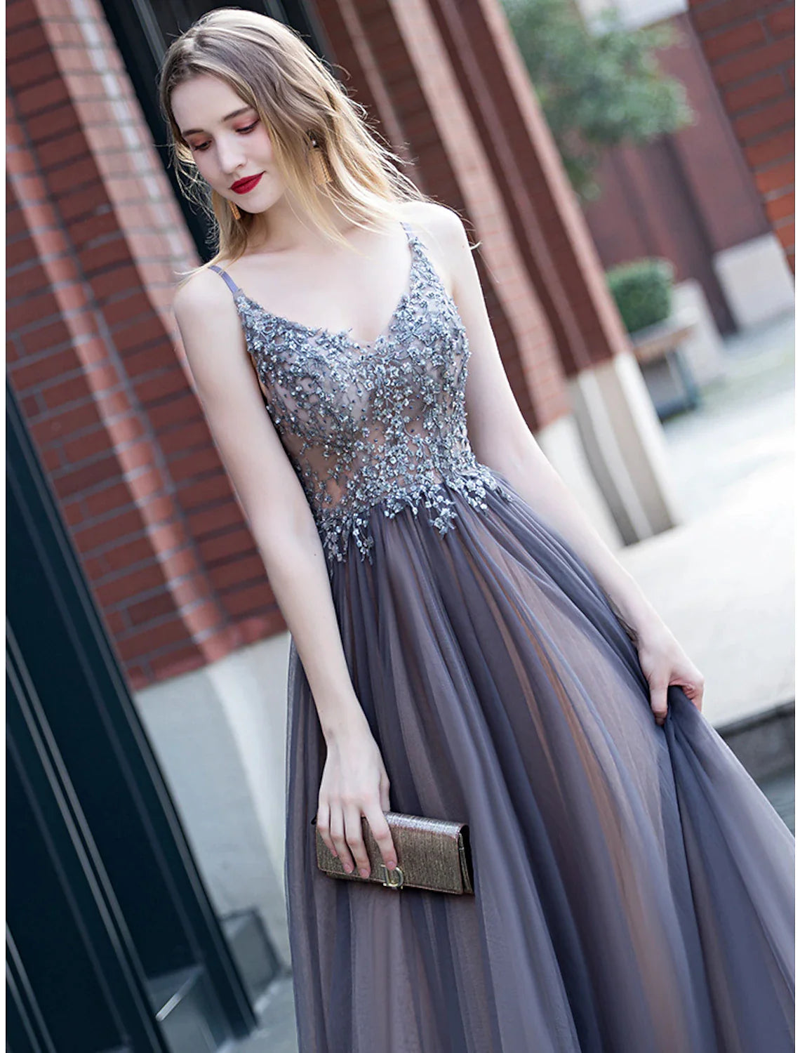 Women's U-Shaped-Neck DressesA-Line Minimalist Elegant Party Wear Prom Dress V Neck Sleeveless Floor Length Tulle with Pleats Appliques